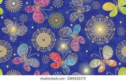 Vector seamless pattern with hand-drawn colorful openwork gradient butterflies on a dark blue background	
