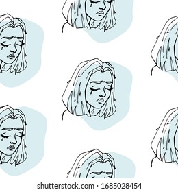 vector seamless pattern with a hand-drawn crying young beautiful girl. it can be used as Wallpaper, background, print, textile design, notebooks, phone cases, packaging paper, and more.