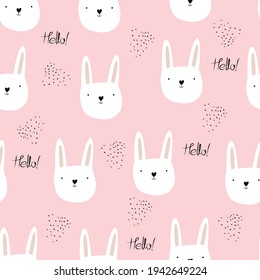 Vector seamless pattern with hand-drawn cute bunnies on a pink background. With an inscription hello, scandinavian dots. Seamless wallpaper for a children's room. 