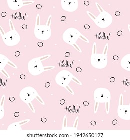 Vector seamless pattern with hand-drawn cute bunnies on a pink background. With the word hello, scandinavian-style circles. Seamless wallpaper for a children's room. Print for printing