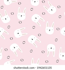 Vector seamless pattern with hand-drawn cute bunnies on a pink background. Scandinavian-style circles. Seamless wallpaper for a children's room.