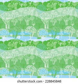 Vector seamless pattern of  hand-drawn decorative trees on green background