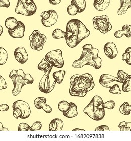 vector seamless pattern with hand-drawn different forest mushrooms. it can be used as wallpaper, background, print, textile design, notebooks, phone cases, packaging paper, and more.