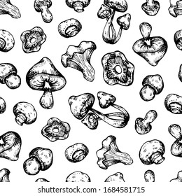 vector seamless pattern with hand-drawn different forest mushrooms. it can be used as wallpaper, background, print, textile design, notebooks, phone cases, packaging paper, and more.