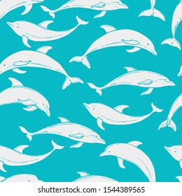 Vector seamless pattern with hand-drawn dolphins. 