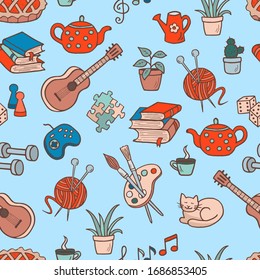 Vector seamless pattern of hand-drawn doodle home activities, hobbies: drawing, knitting, guitar, indoor plants, books and reading, tea drinking, board games. Slogan: Stay home