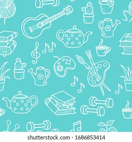 Vector seamless pattern of hand-drawn doodle home activities, hobbies: drawing, knitting, guitar, indoor plants, books and reading, tea drinking, board games. Slogan: Stay home