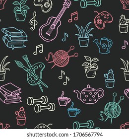 Vector seamless pattern of hand-drawn doodle home activities, hobbies: drawing, knitting, guitar, indoor plants, books and reading, tea drinking, board games. Slogan: Stay home