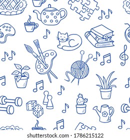 Vector seamless pattern of hand-drawn doodle home activities, hobbies: drawing, knitting, guitar, indoor plants, books and reading, tea drinking, board games. Blue outline on a white background