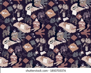 Vector seamless pattern of hand-drawn doodle with cozy home activities, hobbies, reading books, sleeping cats, tea drinking, indoor plants, hygge mood. Colored drawing on dark background. Stay home.