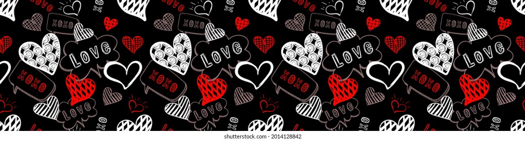 Vector seamless pattern, handdrawn doodle hearts on black background, love illustration, background template, talk bubbles, dark colorful backdrop.