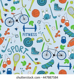 Vector seamless pattern. Hand-drawn doodle set of hobbies and sport things.