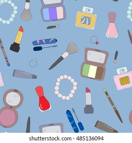 Vector seamless pattern. Hand-drawn doodle set of cosmetics
