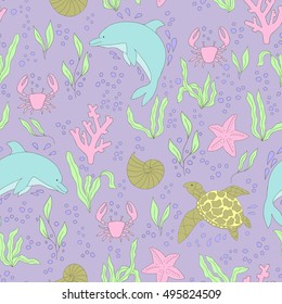 Vector seamless pattern. Hand-drawn doodle set of sea life
