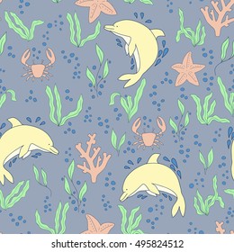 Vector seamless pattern. Hand-drawn doodle set of sea life