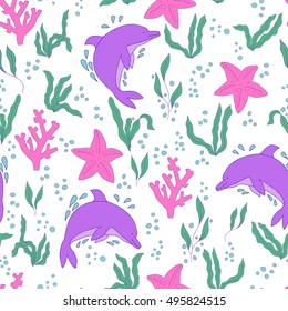 Vector seamless pattern. Hand-drawn doodle set of sea life