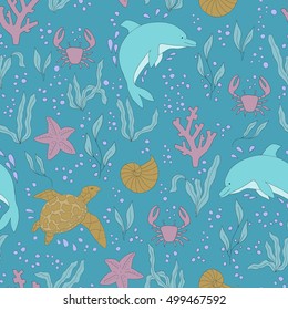 Vector seamless pattern. Hand-drawn doodle set of sea life