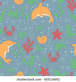 Vector seamless pattern. Hand-drawn doodle set of sea life