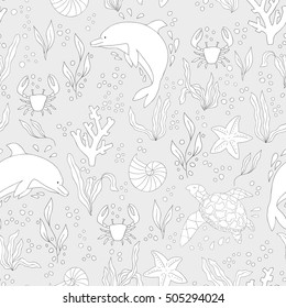 Vector seamless pattern. Hand-drawn doodle set of sea life. Can be used for wallpaper, pattern fills, web page background,surface textures and page for antistress coloring