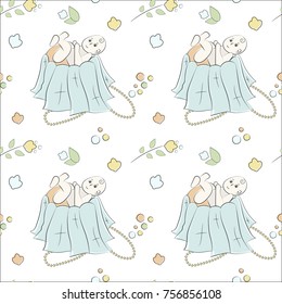 Vector seamless pattern of hand-drawn doodle elements. Baby, flowers, decorations, leaves. Used for backgrounds, cards, wallpapers, wrapping paper
