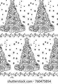 Vector seamless pattern with hand-drawn doodle Christmas tree, gift boxes, teddy bears, lollipops, snowmen. Black and white colors.