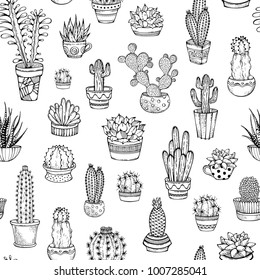 Vector seamless pattern of hand-drawn doodles cacti and succulents. Various cacti with prickles and flowers in flower pots or cups. Boundless background. Can be used to colouring book for adults.