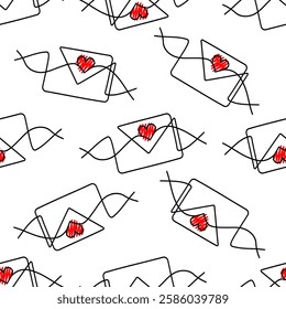 Vector seamless pattern with hand-drawn envelopes and red hearts. Great for Valentine's Day, love letters, and romantic messages.