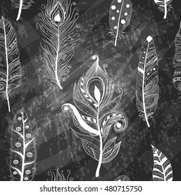 Vector seamless pattern with hand-drawn feathers on chalkboard 