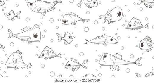 Vector seamless pattern with hand-drawn fish illustration in cartoon style. Use for coloring page, for design of fabric, textile, wrapping paper, wallpaper, decoration of kid room, package, cover.