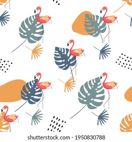 Vector seamless pattern with hand-drawn flamingo, monstera leaves, palm leaves, dots and organic shape on a white background. Texture for fabric, textile, poster, card, print, bags, case, invitation