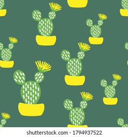 Vector seamless pattern with hand-drawn flowering cacti in the yellow pots.