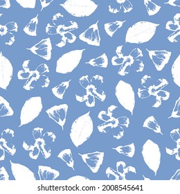 Vector seamless pattern with hand-drawn flowers and leaves on blue tender background for wrapping paper, notebooks, textile, tile, clothes.