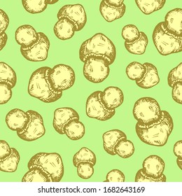 vector seamless pattern with hand-drawn forest mushrooms on green background. it can be used as Wallpaper, background, print, textile design, notebooks, phone cases, packaging paper, and more.