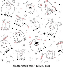 Vector seamless pattern with hand-drawn funny cute fat animals. Silhouettes of animals on a white background. Fun texture with donkey, rabbit, mouse, deer, sheep, elk.Design concept for children print