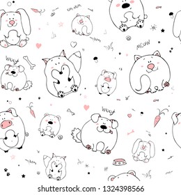 Vector seamless pattern with hand-drawn funny cute fat animals. Silhouettes of animals on a white background. Fun texture with rabbit, bear, fox, cat, dog and pig. Design concept for children print