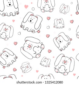 Vector seamless pattern with hand-drawn funny cute fat animals. Silhouettes of animals on a white background. Fun texture with rabbits. Design concept for children print