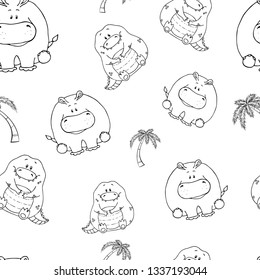 Vector seamless pattern with hand-drawn funny cute fat animals. Silhouettes of animals on a white background. Fun texture with crocodile and hippo. Design concept for children print