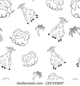 Vector seamless pattern with hand-drawn funny cute fat animals. Silhouettes of animals on a white background. Fun texture with giraffe and elephant. Design concept for children print