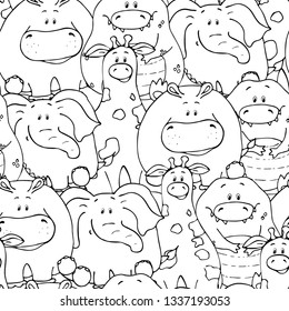 Vector seamless pattern with hand-drawn funny cute fat animals. Silhouettes of animals on a white background. Fun texture with giraffe, elephant, crocodile and hippo. Design concept for children print