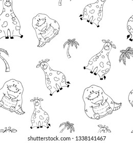 Vector seamless pattern with hand-drawn funny cute fat animals. Silhouettes of animals on a white background. Fun texture with giraffe and crocodile. Design concept for children print