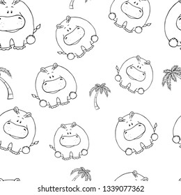 Vector seamless pattern with hand-drawn funny cute fat animals. Silhouettes of animals on a white background. Fun texture with hippo. Design concept for children print