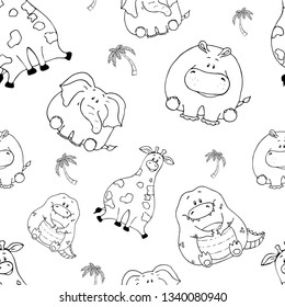 Vector seamless pattern with hand-drawn funny cute fat animals. Silhouettes of animals on a white background. Fun texture with giraffe, elephant, crocodile and hippo. Design concept for children print