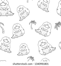 Vector seamless pattern with hand-drawn funny cute fat animals. Silhouettes of animals on a white background. Fun texture with crocodile. Design concept for children print