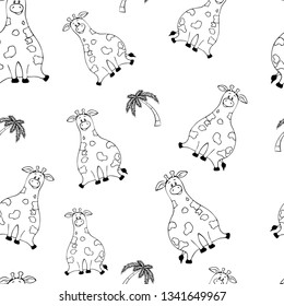 Vector seamless pattern with hand-drawn funny cute fat animals. Silhouettes of animals on a white background. Fun texture with giraffe. Design concept for children print