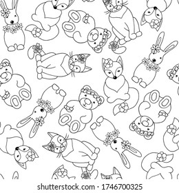 Vector seamless pattern with hand-drawn funny animals: rabbit, fox, bear, cat, coloring page for children
