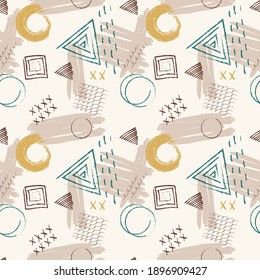 Vector seamless pattern with hand-drawn geometric shapes: circles, strokes, lines, triangles, dots, squares on light beige background. 