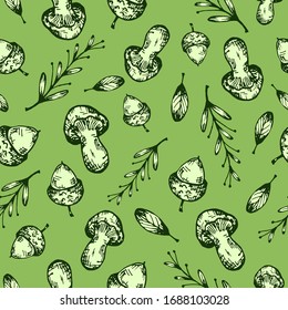 vector seamless pattern with hand-drawn graphic forest mushrooms, acorns and leaves. it can be used as Wallpaper, background, print, design of kitchen textiles, notebooks, phone cases, packaging paper