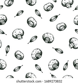 vector seamless pattern with hand-drawn graphic mushrooms and leaves. it can be used as Wallpaper, background, print, kitchen textile design, notebooks, phone cases, packaging paper, and more.