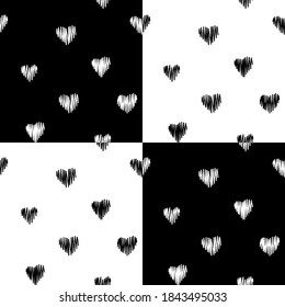 Vector seamless pattern with hand-drawn hearts. It can be a background for textiles, wrapping paper, wallpaper, postcards, furniture, and more. Chess background.