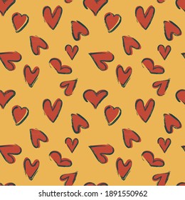 Vector seamless pattern with hand-drawn hearts in retro style. Mid-century background design perfect for scrapbooking, textile, wrapping paper, stationery, or greeting card on St Valentine’s Day.